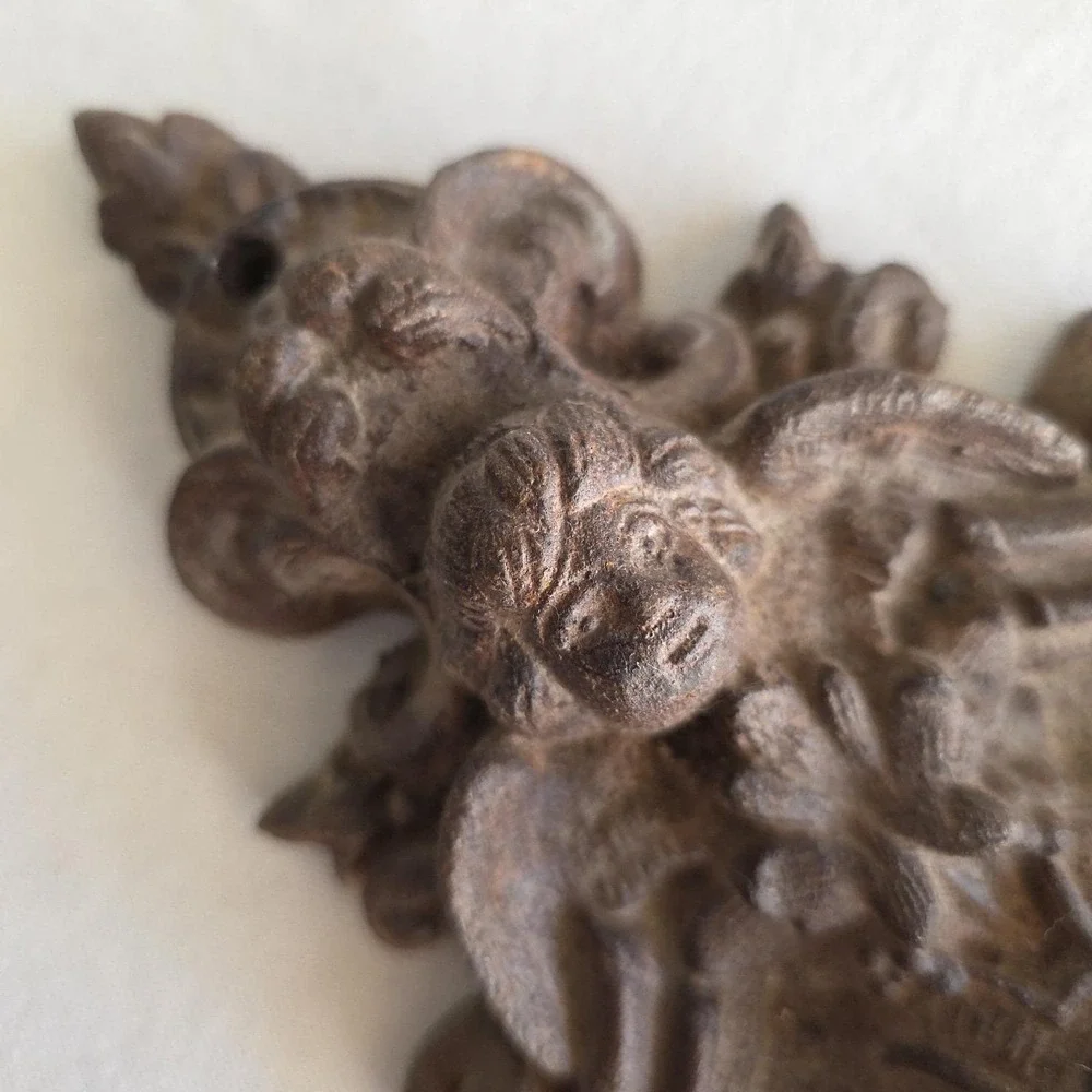 Antique Baroque Victorian Cherub Angel Wall Mount Coat Hook Ornate. Cast Iron.